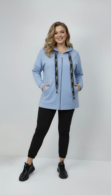 Kadın Büyük Beden Uzun Kollu Kapüşonlu Fermuar Detaylı Sweatshirt 2007