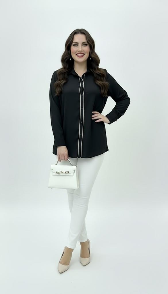 Kadın Büyük Beden Uzun Kollu Önde Ara Biye Detaylı Dökümlü Kumaş Gömlek 1991