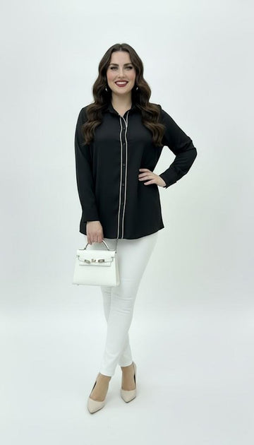 Kadın Büyük Beden Uzun Kollu Önde Ara Biye Detaylı Dökümlü Kumaş Gömlek 1991