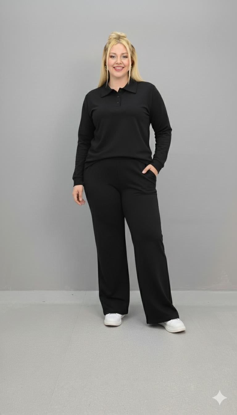 Kadın Büyük Beden Uzun Kollu Polo Yaka Eşofman Takımı 8212-26