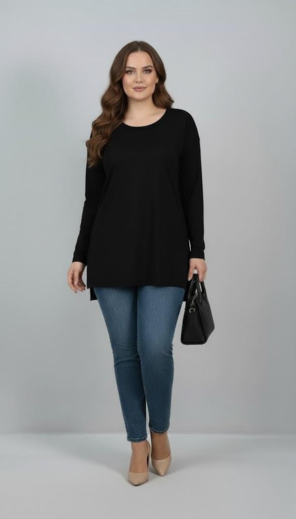 Kadın Büyük Beden Uzun Kollu Yırtmaçlı Basic Bluz 1984